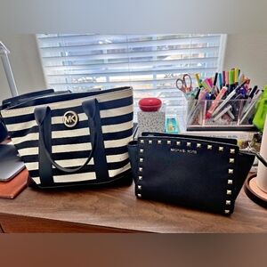 Michael Kors Navy & White Striped Tote with Black Studded Wristlet